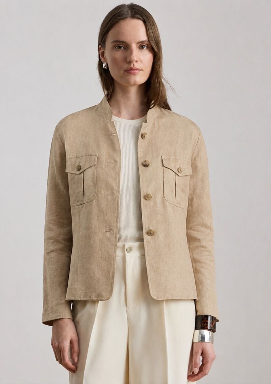 Lauren Ralph Lauren 100% Linen Safari Utility Jacket Tan Beige, Sz 14, $298